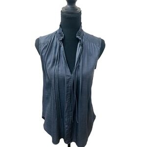 Ann Taylor Loft  Ruffle Neck Boho Blouse Women XS Grey Sleeveless Tie Front‎ Top